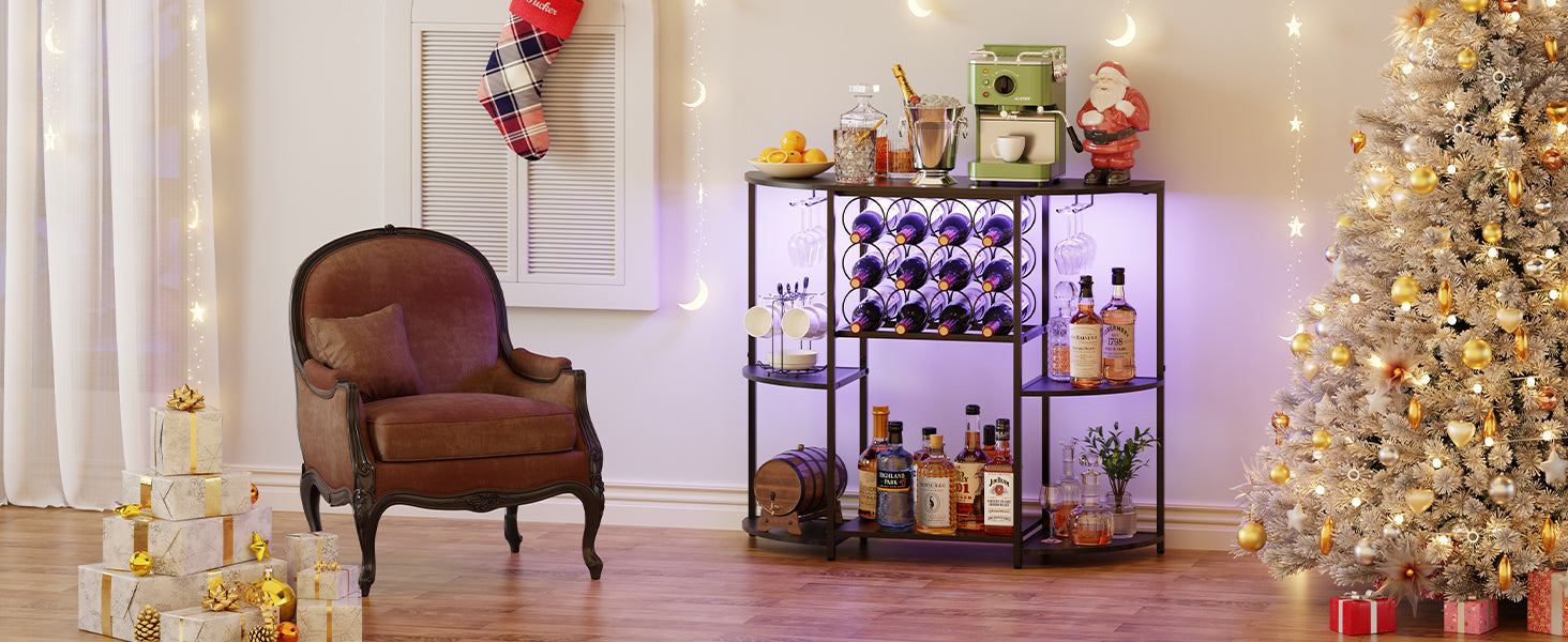 JKsmart Wine Bar Cabinet with LED Lights, Mini Wine Bar Cart with Storage and Glass Holder, Home Bar Coffee Bar for Liquor, 3-Tier Bar Table for Kitchen, Dining Room, Living Room, Black