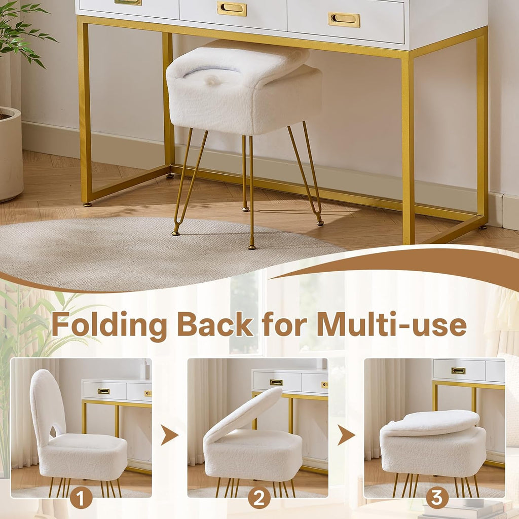 White Vanity Chair with Storage, Folding Back Faux Fur Vanity Stool, Makeup Ottoman with Gold Legs for Bedroom/Bathroom