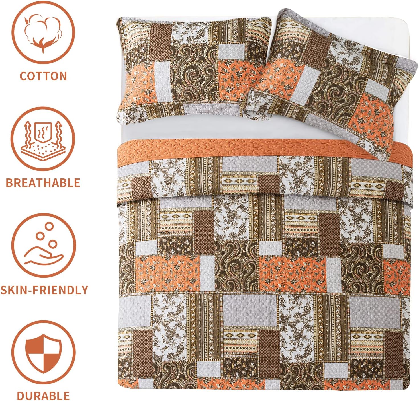 Farmhouse Cotton Quilts Queen Size for Fall - Lightweight Patchwork Autumn Bedspread Set for Bed Coverlet - Highly-Woven Soft Reversible Bed Spread for All Seasons (Floral Orange) 3 Pieces
