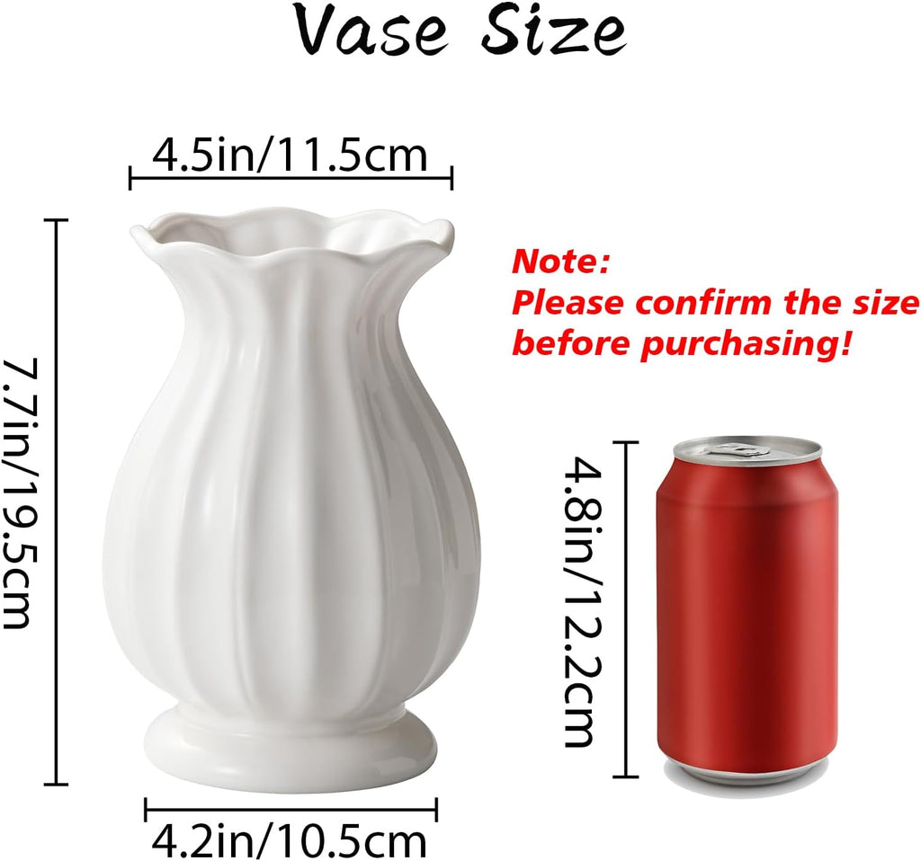 White Ceramic Vase, 7.8 Inch Flower Vase Home Decor Modern Decorative Vases for Bouquet, Unique Vases for Farmhouse Living Room Cabinet Table Centerpieces Wedding Decorations