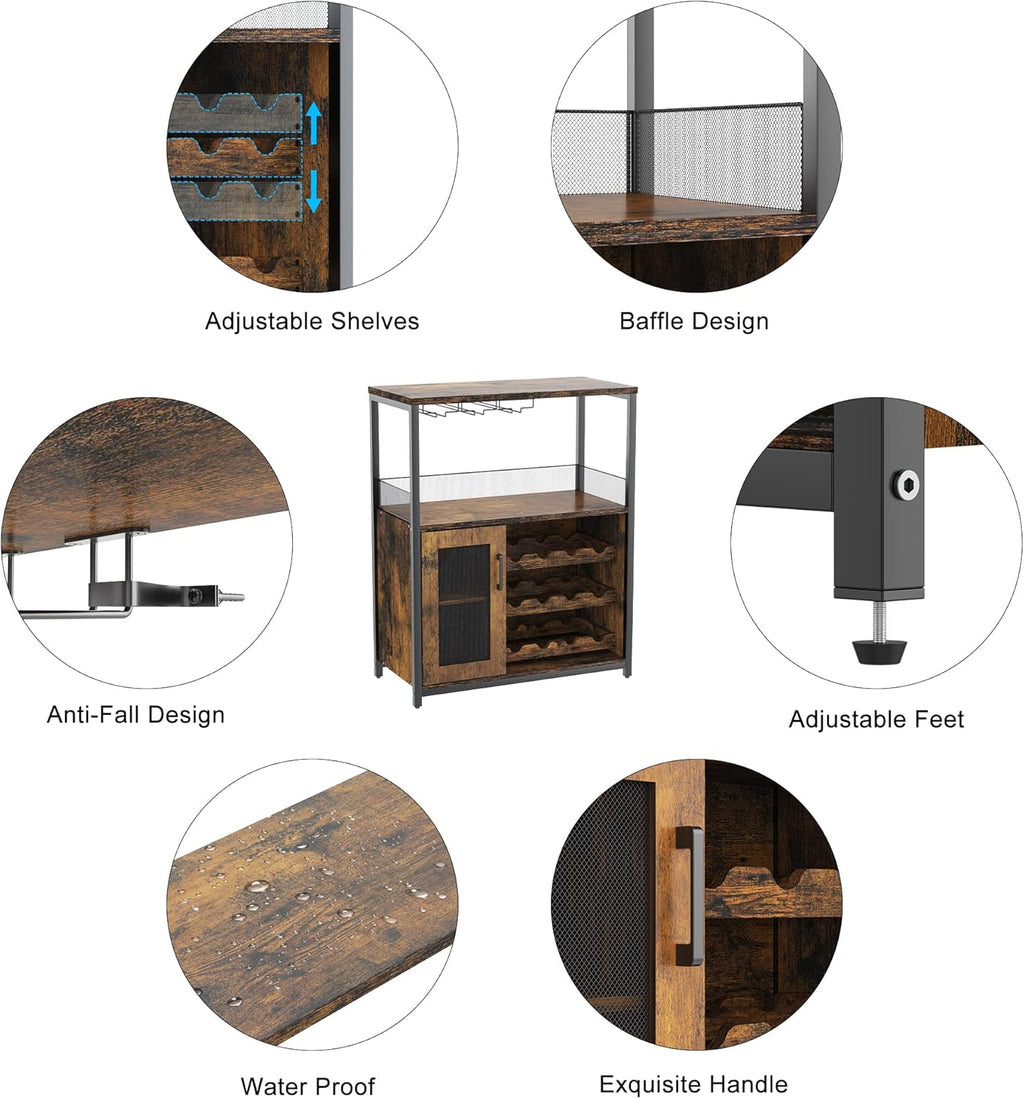 Wine Bar Rack Cabinet with LED Light, Adjustable Shelves Coffee Bar Cabinet with Mesh Door and Baffle Design, 36″ Tall Small Liquor Bar Cabinet for Home, Kitchen, Dinning Room, Rustic Brown