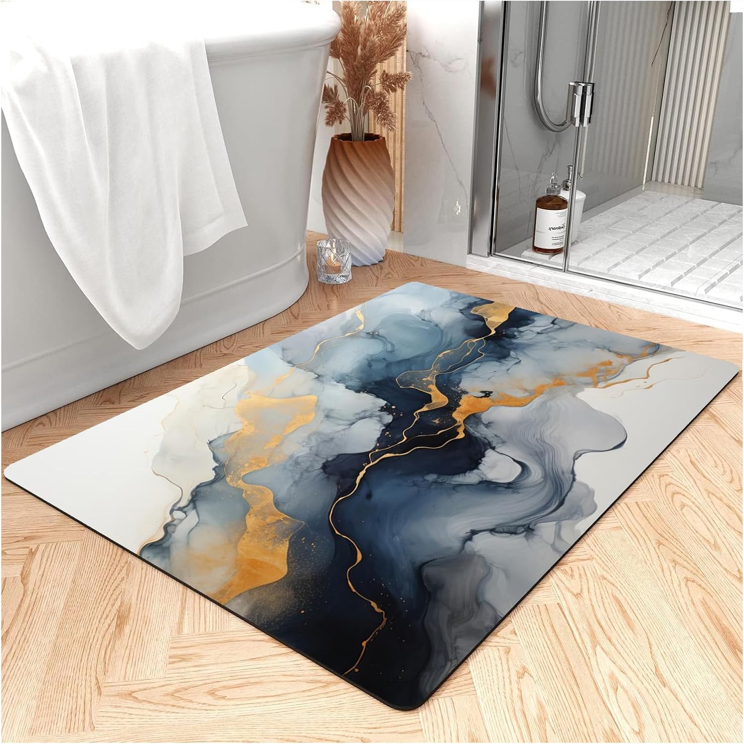 Fast Drying Thin Bath Mat Bathtub Mat | Diatomite Bathmat with Absorbent and Non-Slip Surface Easy to Clean | Colorful Marble Texture Bathroom Rug (3x5ft/36x60in/90x150cm, Pink/Medium Purple)