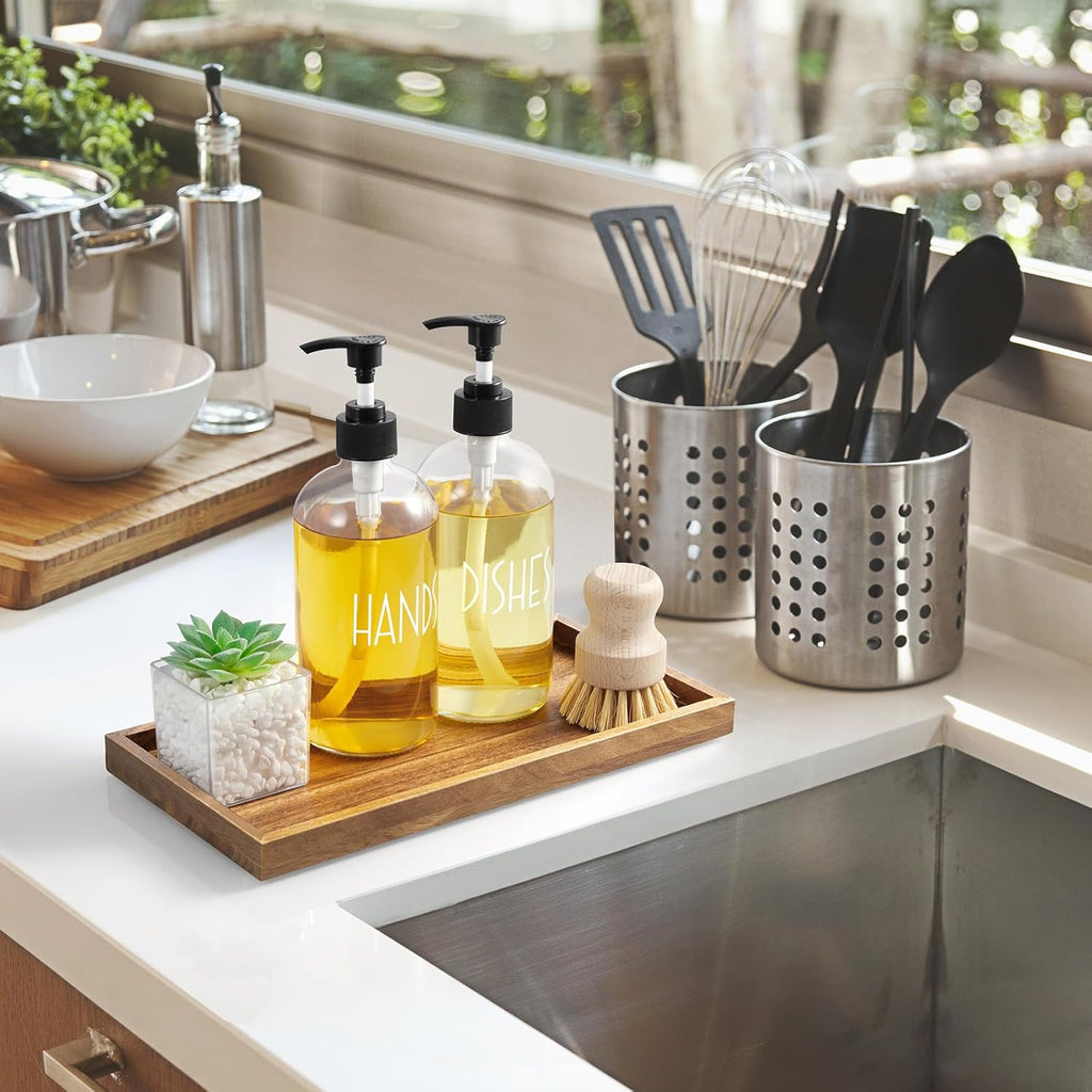 11.7" Bathroom Vanity Tray for Counter - Acacia Wood Decorative Tray for Toilet Tank Makeup Perfume Jewelry Catchall Coffee Table - Wooden Kitchen Countertop Organizer for Soap Dispenser